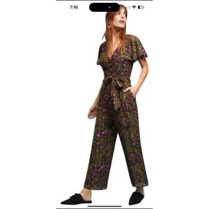 Anthropologie ett:twa Brenda Jumpsuit floral metallic jacquard size 2 US W/ Belt